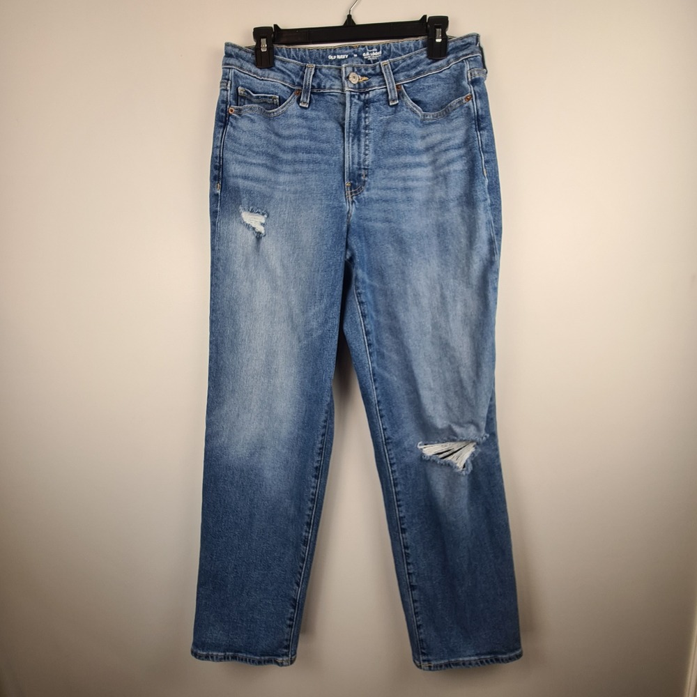 Old Navy OG Loose‎ High Rise Distressed Straight Leg Jeans Medium Wash Womens 10